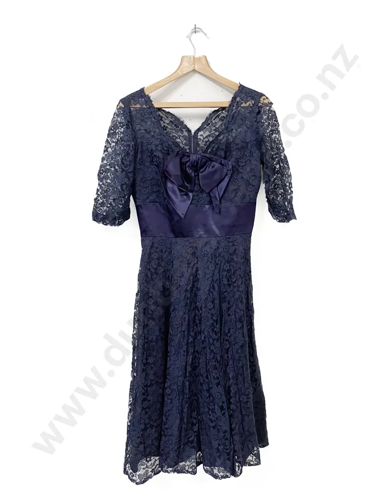 Vintage Labelled Susan Small Blue Satin and Lace Cocktail Gown Image 1++