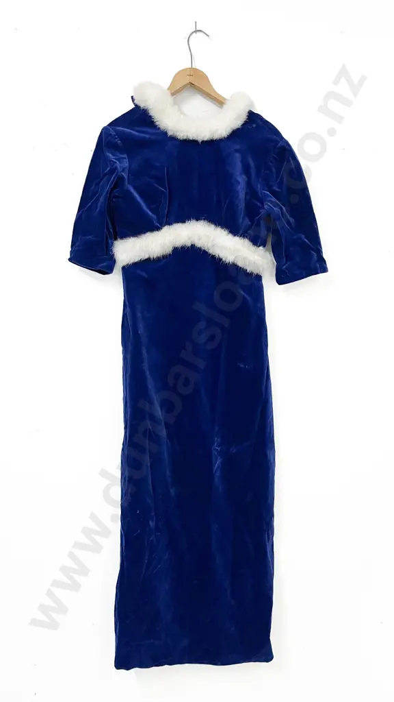 Vintage Royal Blue Velvet Fur Trim Ball Gown Image 1++