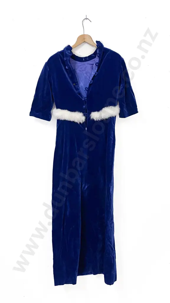 Vintage Royal Blue Velvet Fur Trim Ball Gown Image 1++