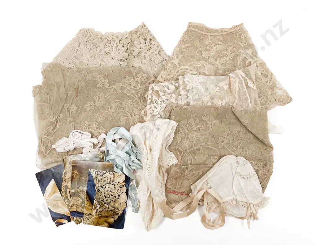 Two Antique Vintage Lace Collars and Lace Pieces  with Babies Bonnet Image 1++
