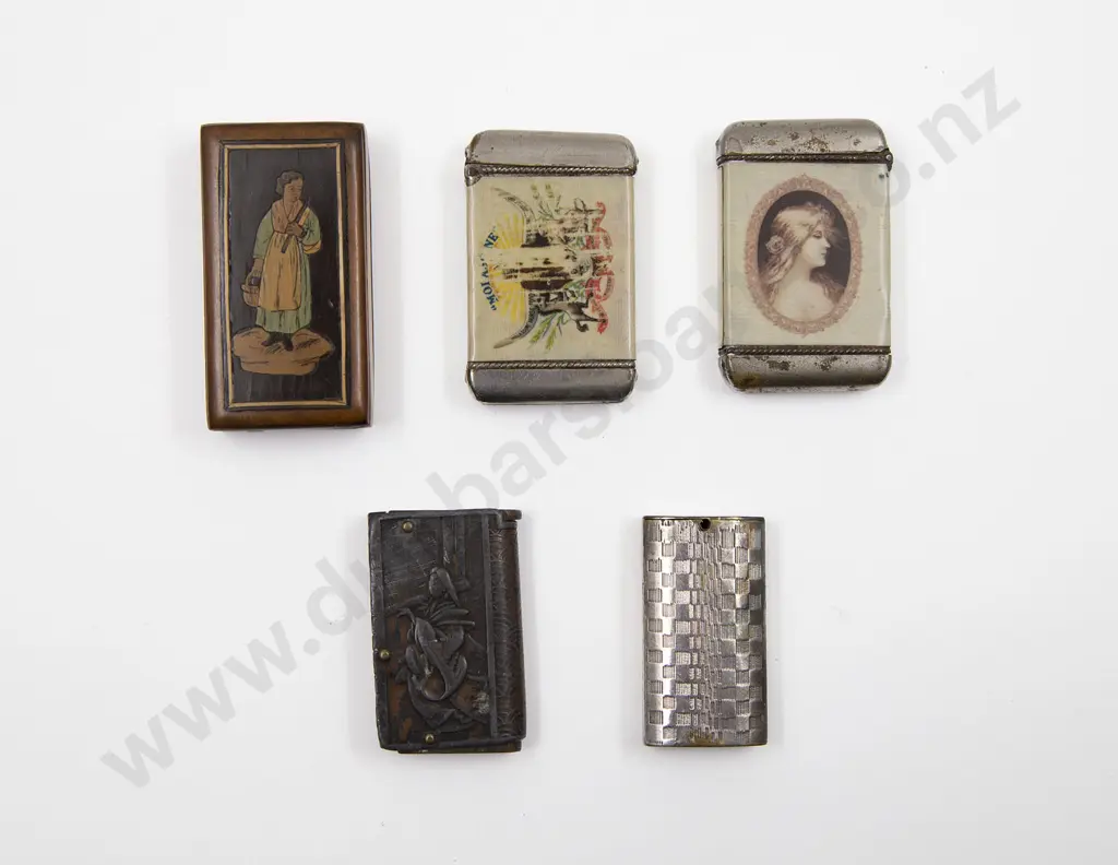 Five Assorted Vesta Cases Including; Wooden Box with Inlay Depicting Peasant Girl Image 1++