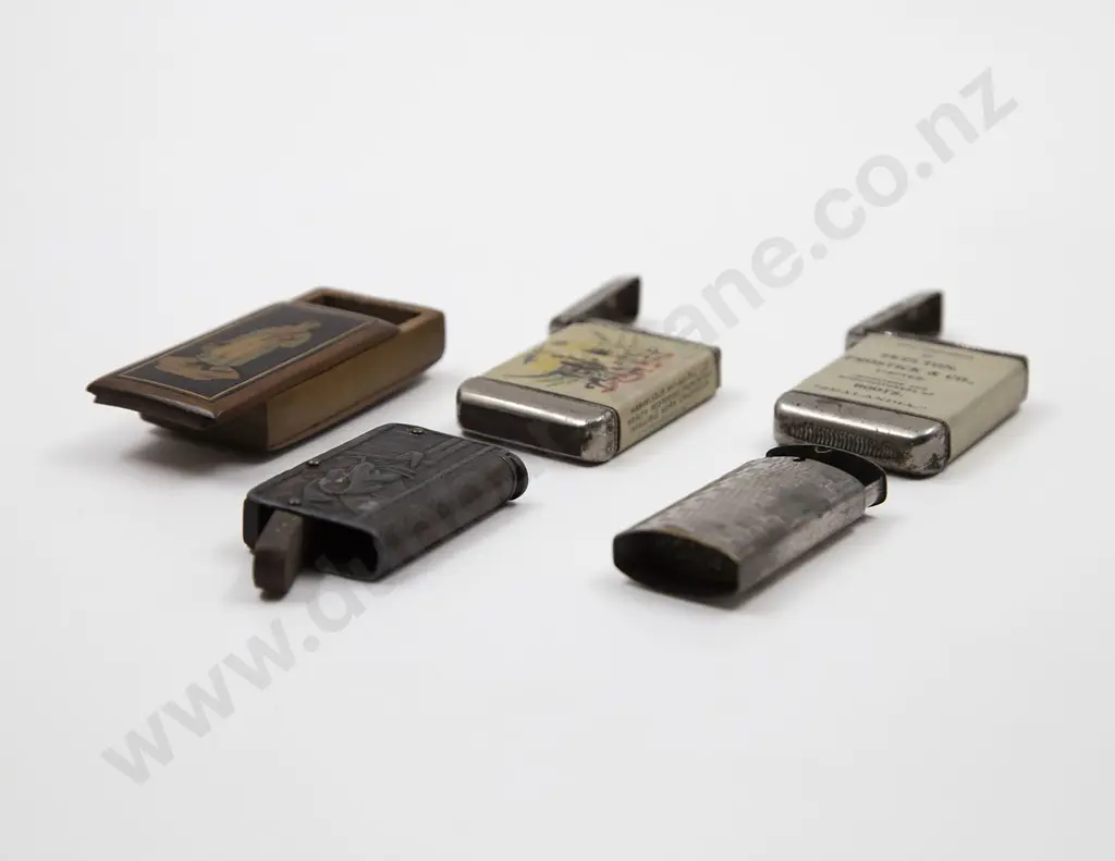 Five Assorted Vesta Cases Including; Wooden Box with Inlay Depicting Peasant Girl Image 1++