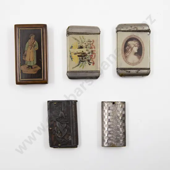 Five Assorted Vesta Cases Including; Wooden Box with Inlay Depicting Peasant Girl