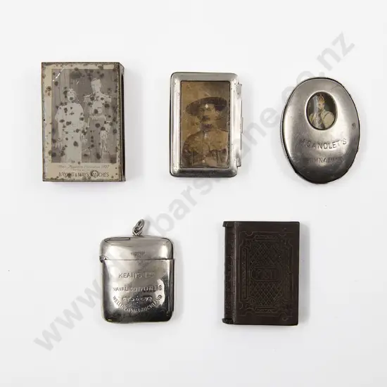 Four Vesta Cases and Match Box Sleeve Including; 'Kean's Ltd Naval Outfitters' Case