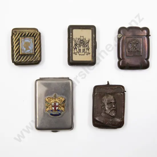 Five Vesta Cases Including; Brass Case Depicting Queen Victoria (Faults)