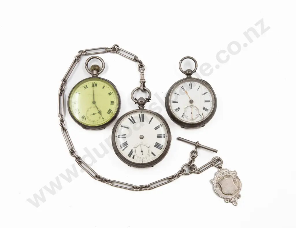 Three S/S Cased Open Face Pocket Watches one with Albert chain and medallion Image 1++