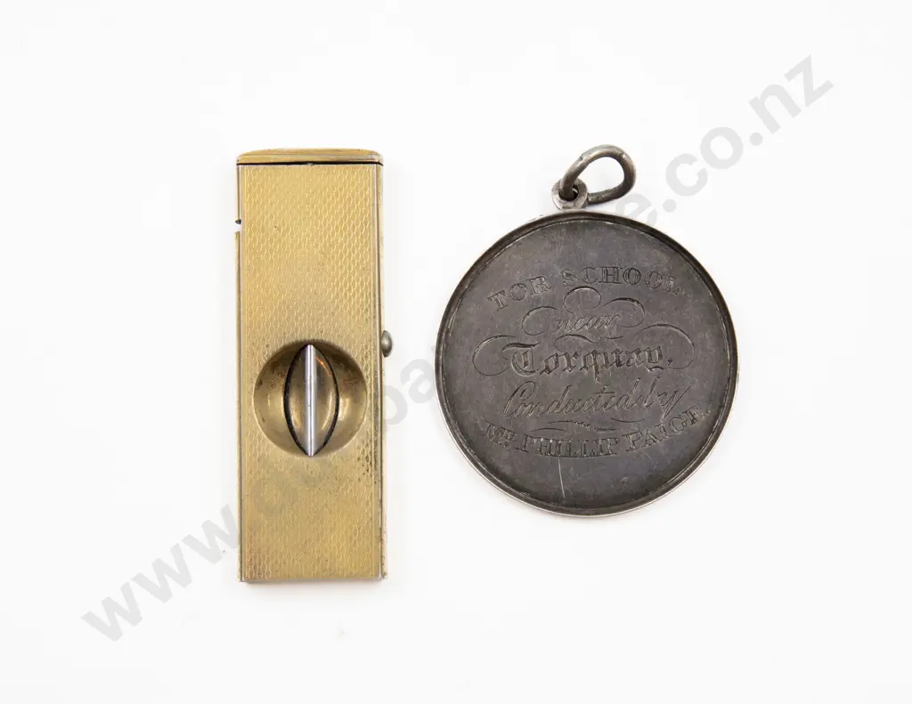 Pocket 'V' Cigar Cutter and s/s prize medallion for Penmanship dated 1841 Image 1++