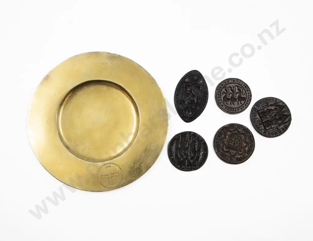 Five Antique Pewter Seals and Brass Communion Tray Image 1++