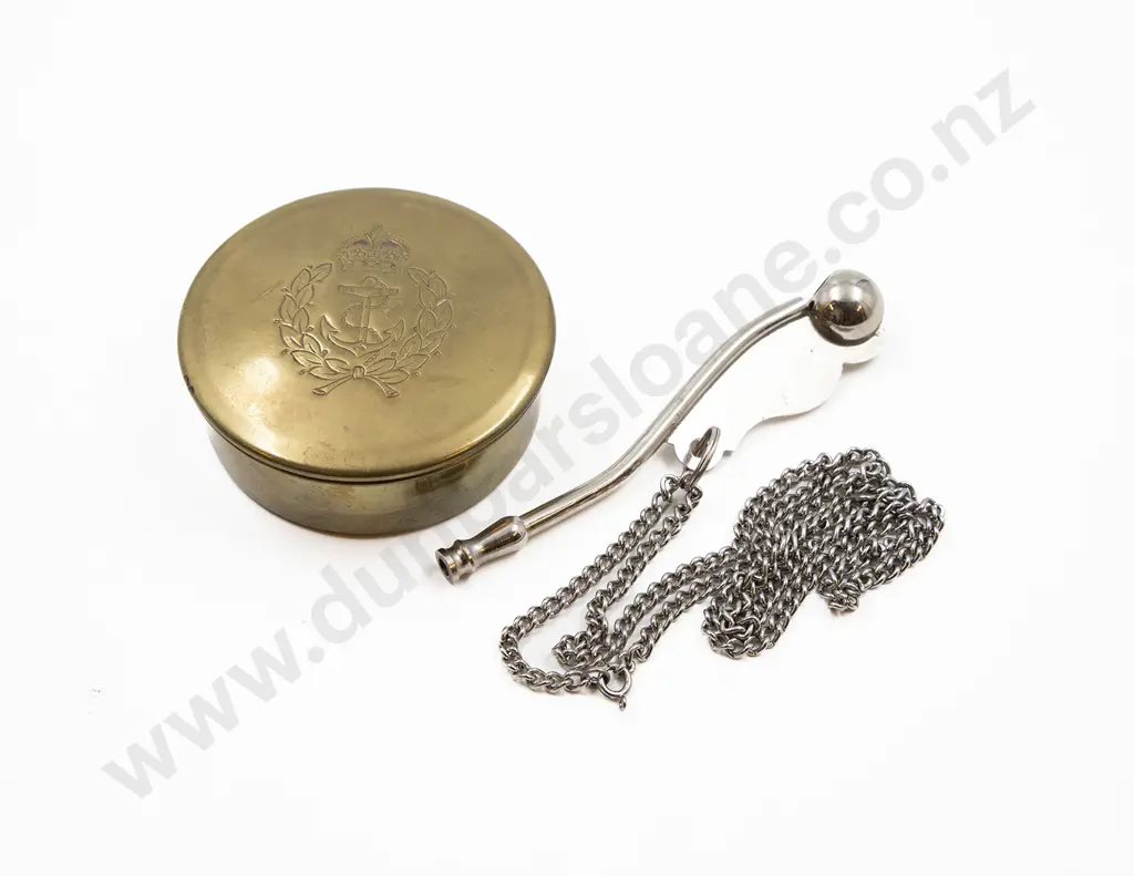 Naval Crested Brass Tobacco Box and steel bosun's whistle Image 1++