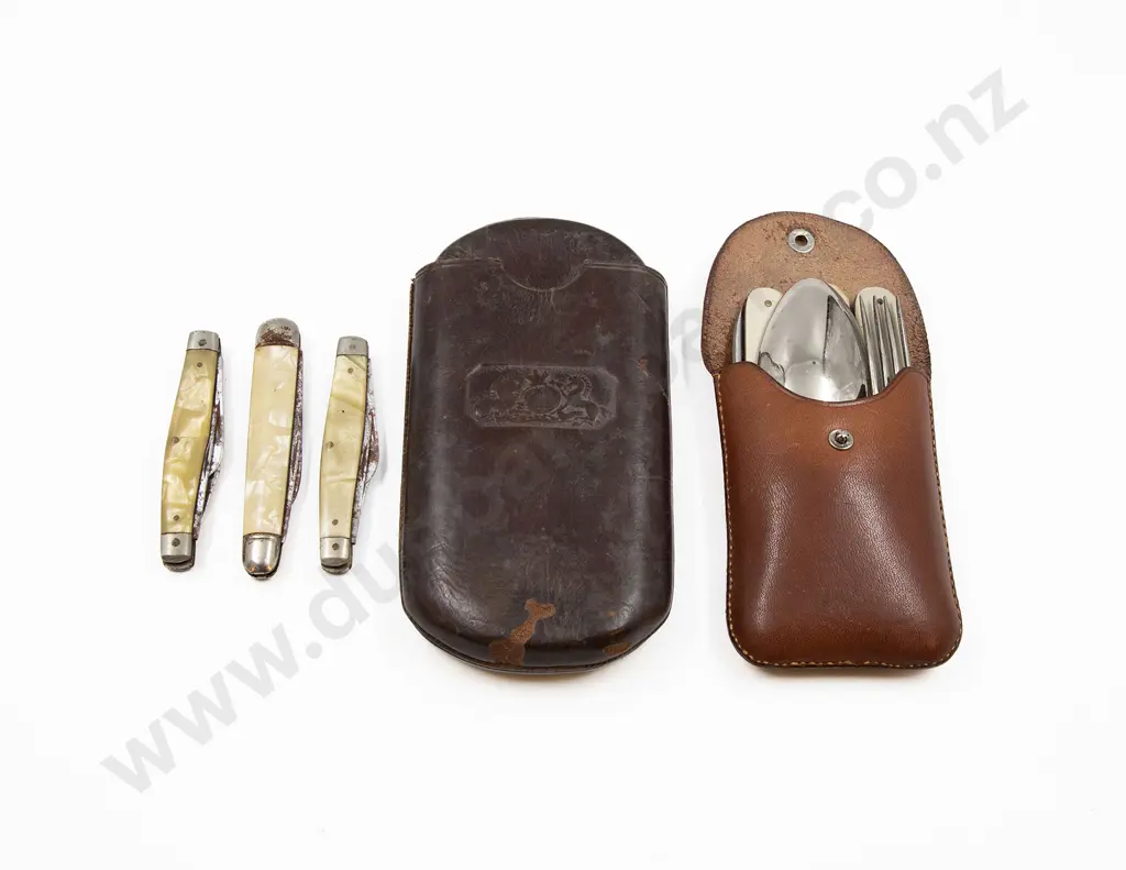 Pocket Knife Fork and Spoon cigar pouch and three pocket knives Image 1++