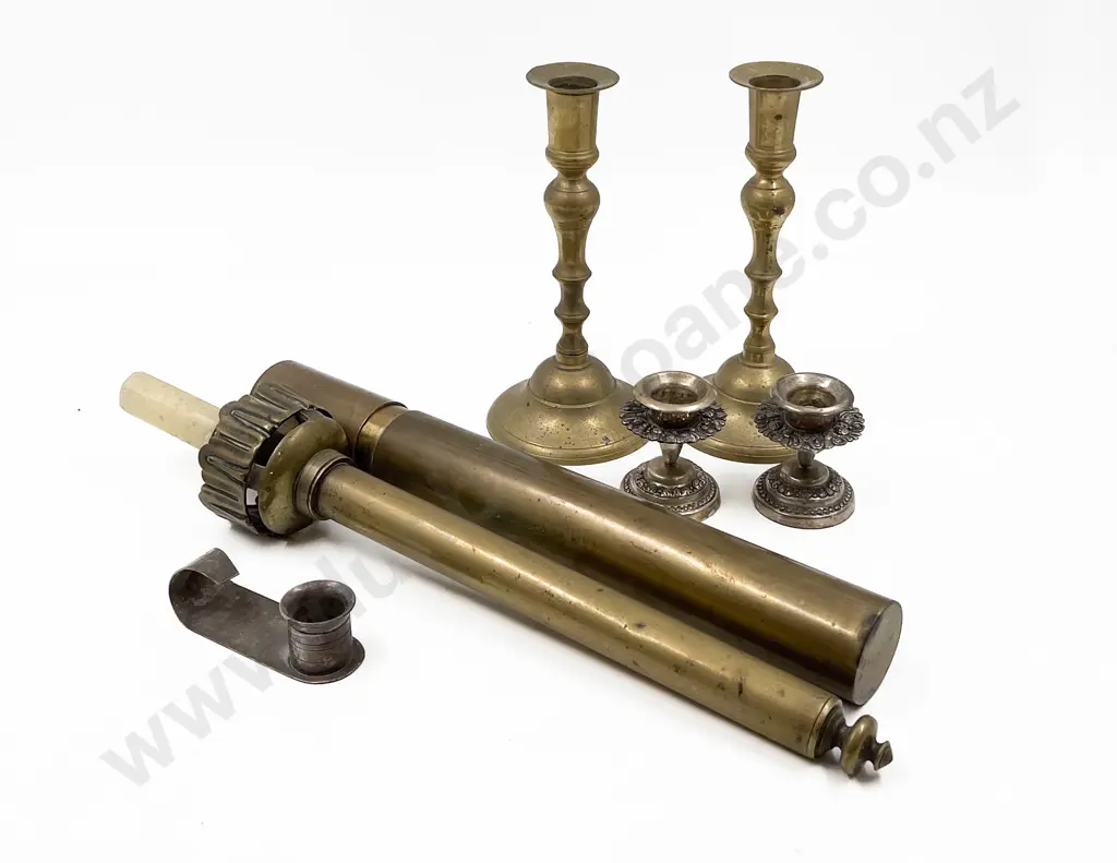 Collection of Candlesticks & Brass Cylindrical Container Image 1++