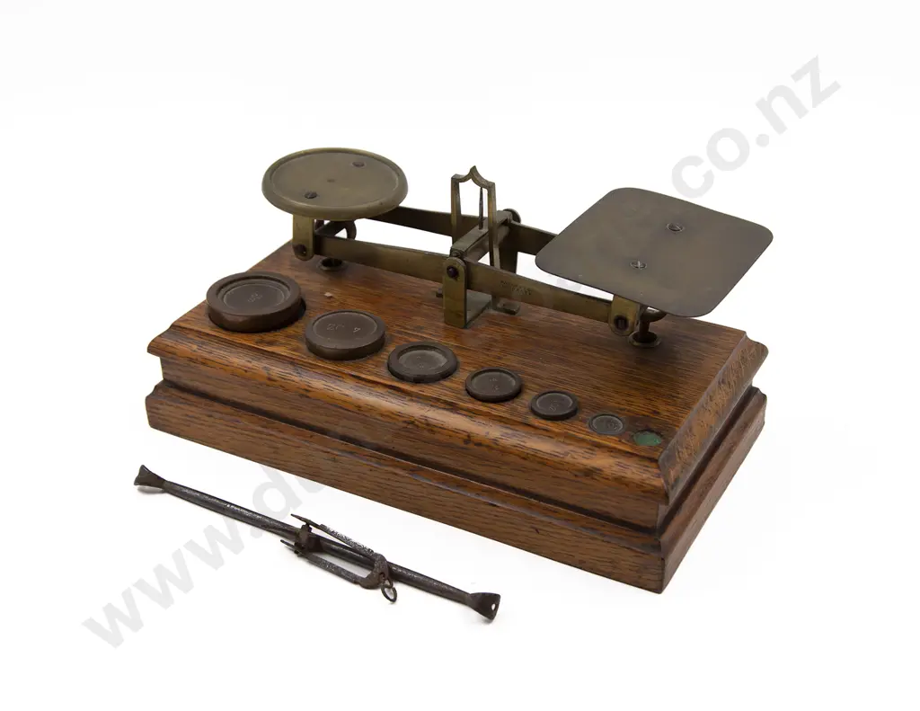 Victorian Oak Based Table Top Beam Balance Scales and Weights Image 1++