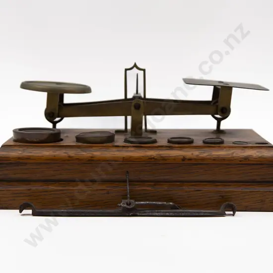 Victorian Oak Based Table Top Beam Balance Scales and Weights