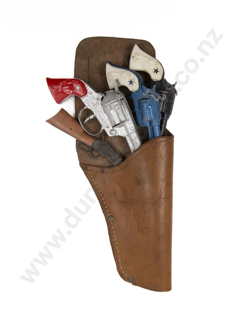 Four Cowboy & Indian Toy Pistols with Leather Holster Image 1++
