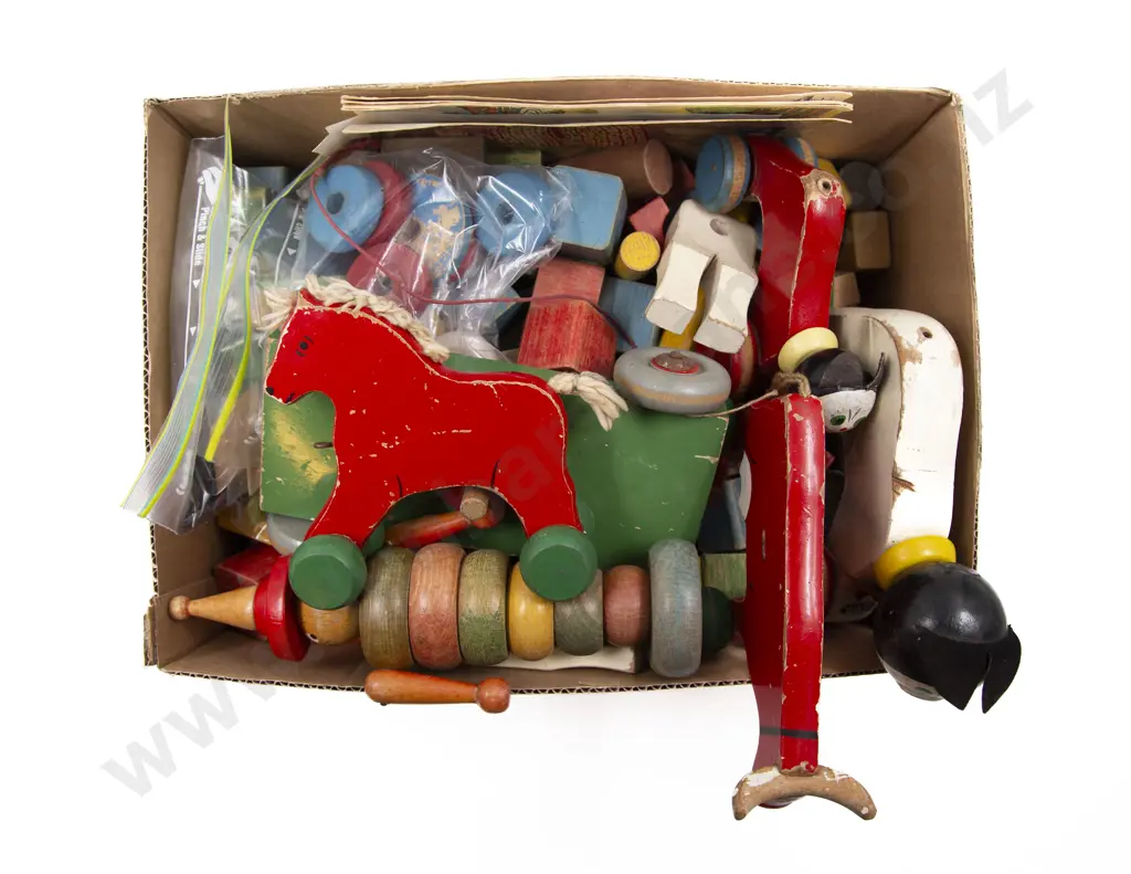 Collection of Vintage Wooden Pull-along Toys and Blocks Image 1++