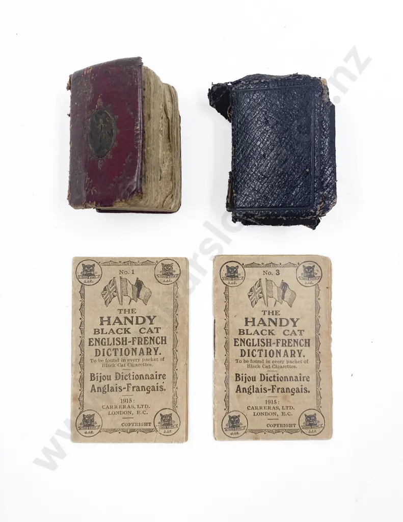 Two Miniature Holy Bibles and Two Parts Handy Black Cat English-French Dictionary Image 1++