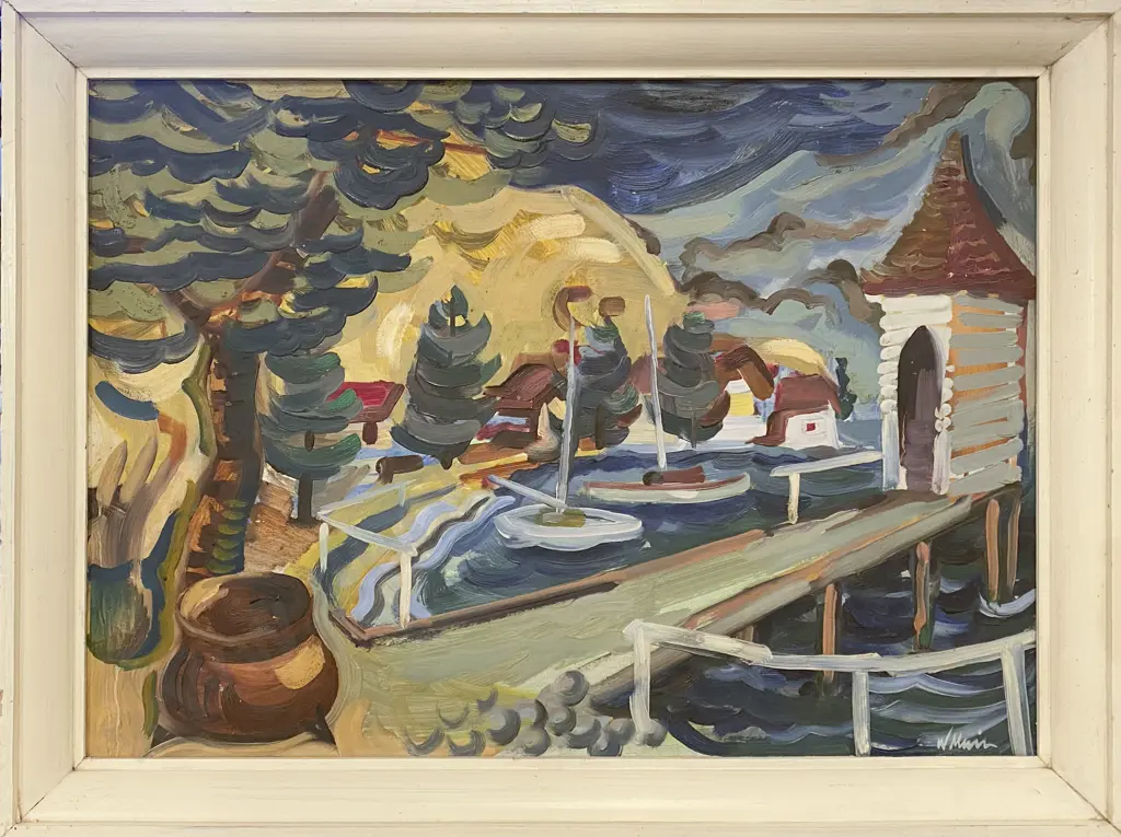 William Main Oil on Board of Akaroa 1960 Image 1++