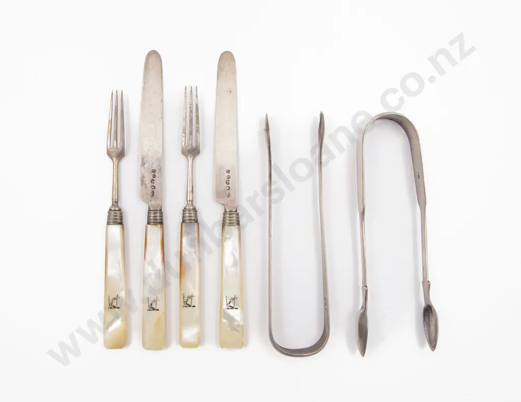 Two S/S Sugar Tongs and Two Pairs of S/S MOP Handled Knife & Fork Image 1++