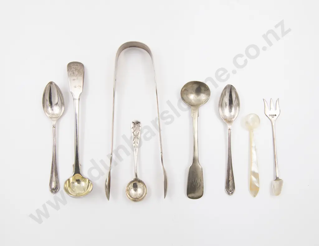 Five S/S Spoons Sugar Tongs and MOP Spoon with S/S Pickle Fork Image 1++