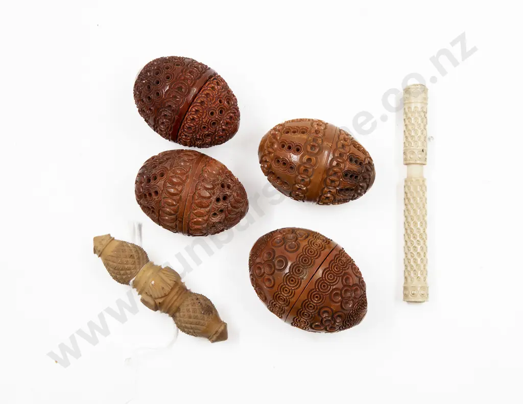 Four Victorian Vegetable Ivory Egg Thimble Cases with two needle cases Image 1++
