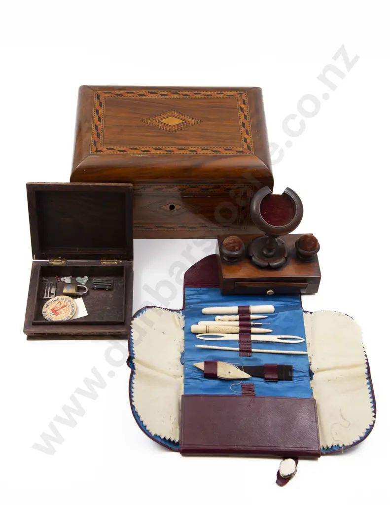 Victorian Walnut Work Box with other box work stand and sewing pouch Image 1++