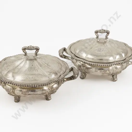 Pair Of Antique S/S Vegetable Two Handled Tureens & Covers By Black Starr & Frost USA