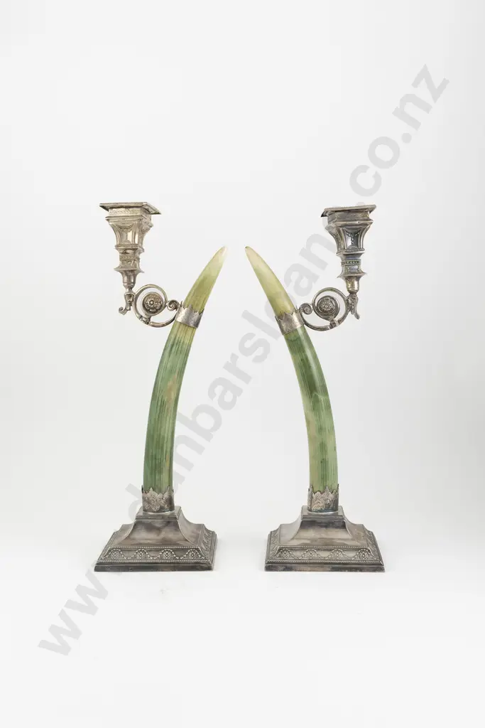 Pair Late Vict Stained Ivory Walrus Tusk & S/P Candlesticks By Joseph Rodgers & Sons Image 1++