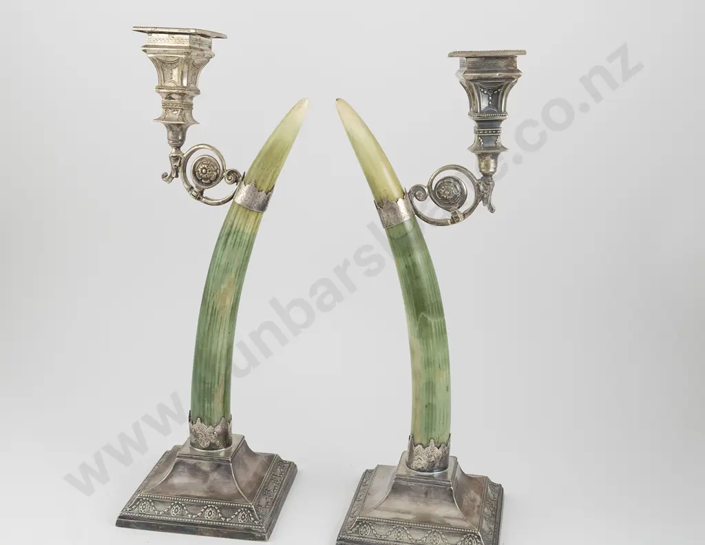 Pair Late Vict Stained Ivory Walrus Tusk & S/P Candlesticks By Joseph Rodgers & Sons Image 1++