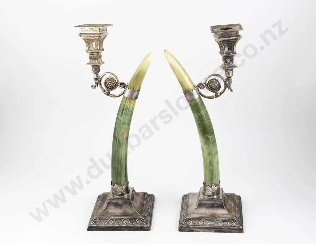 Pair Late Vict Stained Ivory Walrus Tusk & S/P Candlesticks By Joseph Rodgers & Sons Image 1++