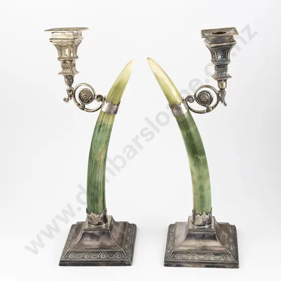 Pair Late Vict Stained Ivory Walrus Tusk & S/P Candlesticks By Joseph Rodgers & Sons