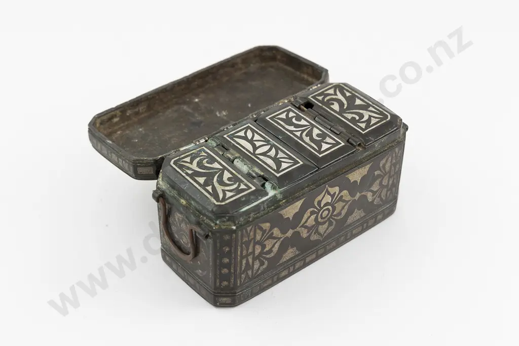 C19th Bronze & Silver Inalid Philippine Betel Nut Lime Paste Box Image 1++