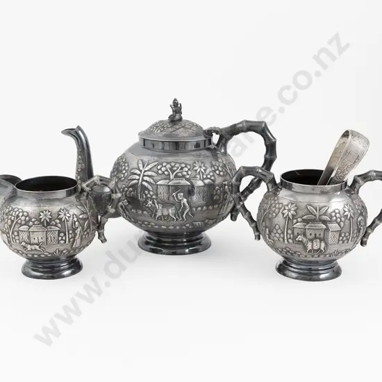 Ornate Indian Silver 4 Piece Tea Set