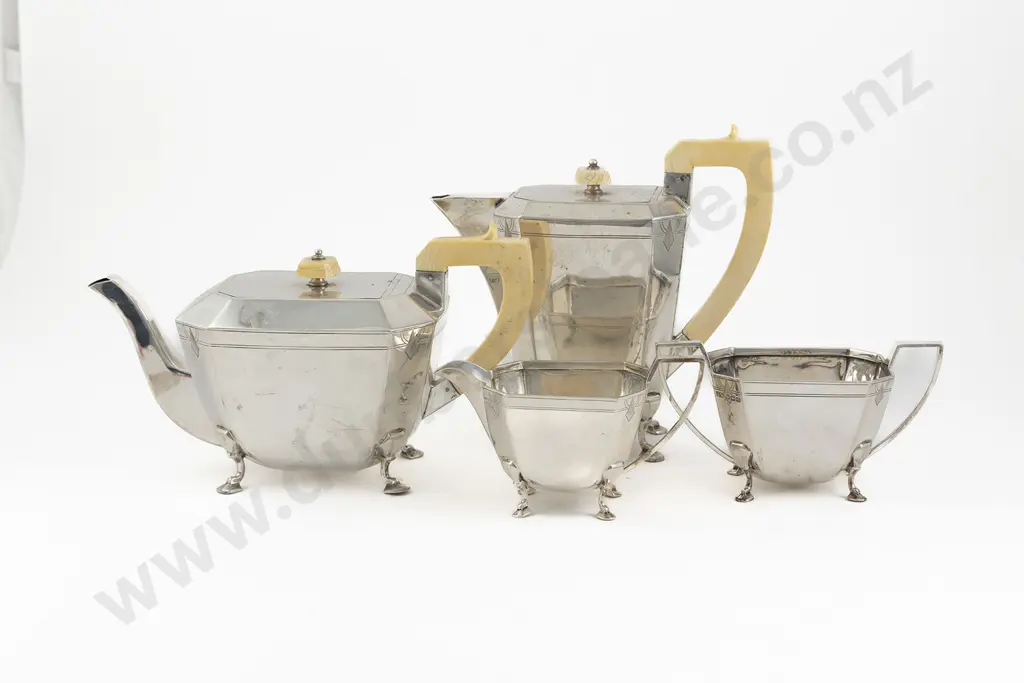 Heavy Art Deco S/S 4 Piece Tea Set By Viners Ltd (Emile Viner) Image 1++
