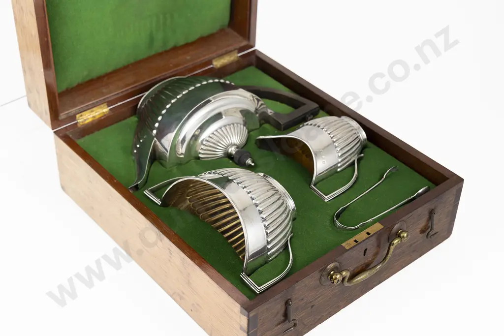 Vict Mahogany Cased S/S 4 Piece Tea Set By The Goldsmiths & Silversmiths Co Image 1++