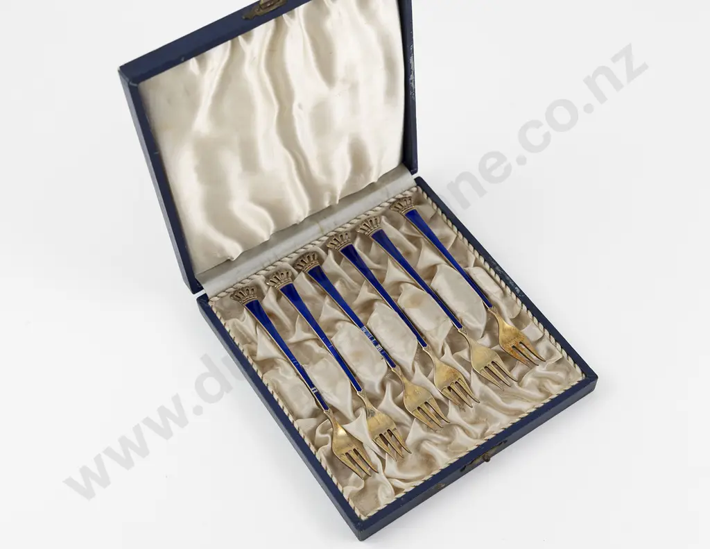 Cased Set Of 6 Danish S/S Gilt & Blue Enamel Cake Forks Image 1++