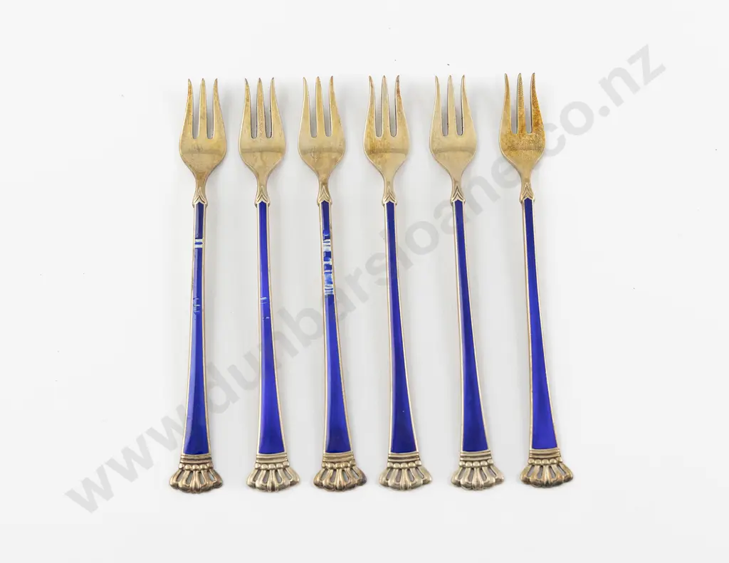 Cased Set Of 6 Danish S/S Gilt & Blue Enamel Cake Forks Image 1++