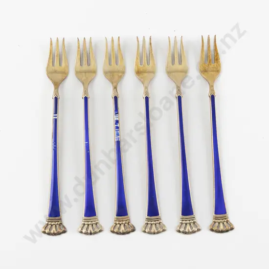 Cased Set Of 6 Danish S/S Gilt & Blue Enamel Cake Forks