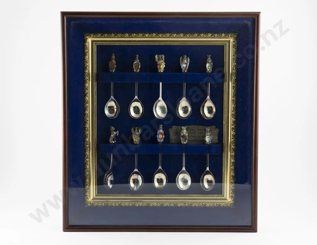 A Framed & Glazed Display Of 10 S/S The Queens Beasts Spoons Image 1++