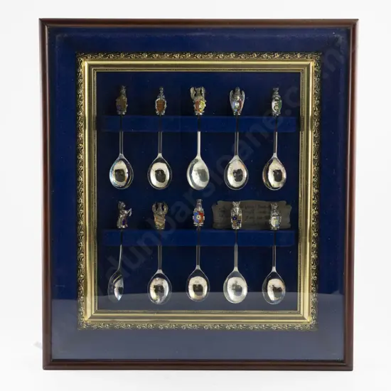 A Framed & Glazed Display Of 10 S/S The Queens Beasts Spoons