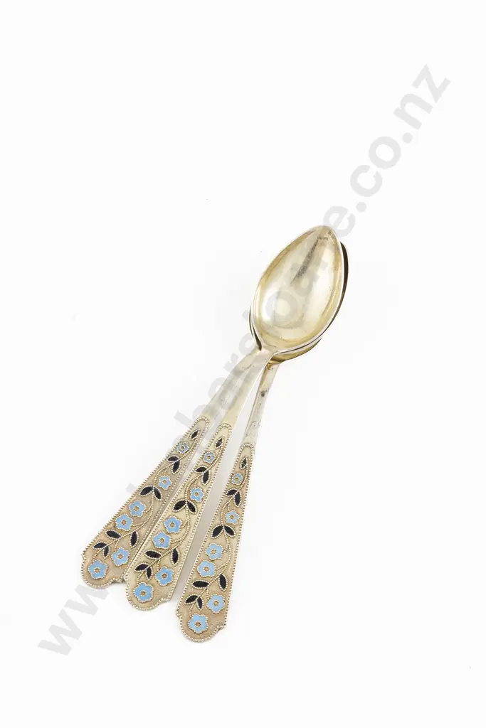 Three Russian .875 and Floral Enamel Teaspoons Image 1++