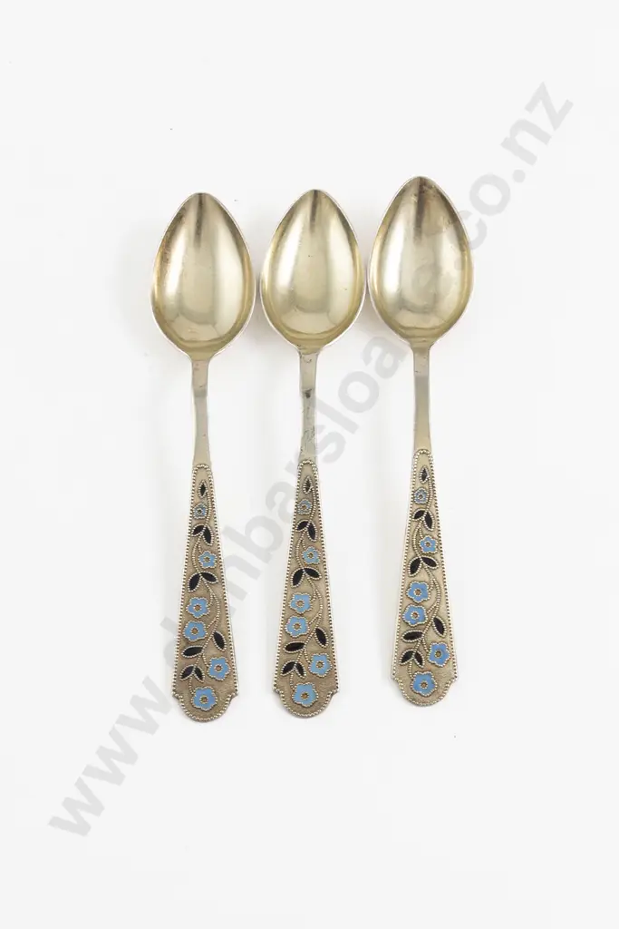Three Russian .875 and Floral Enamel Teaspoons Image 1++