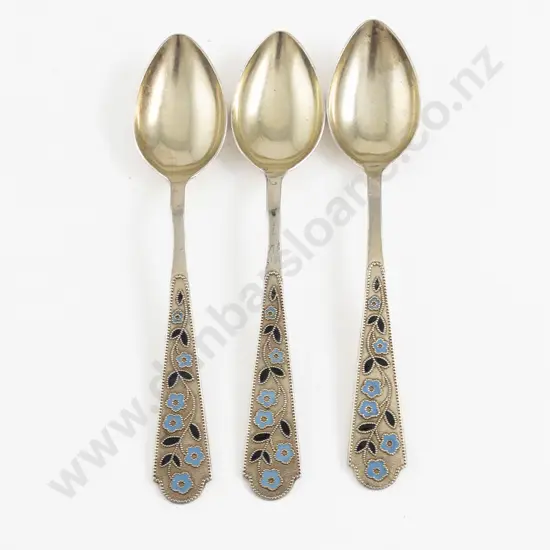 Three Russian .875 and Floral Enamel Teaspoons