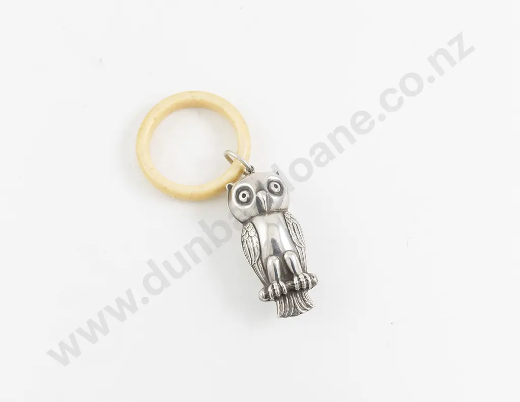 Late C19th Sterling Owl Babies Rattle/Teething Ring Image 1++