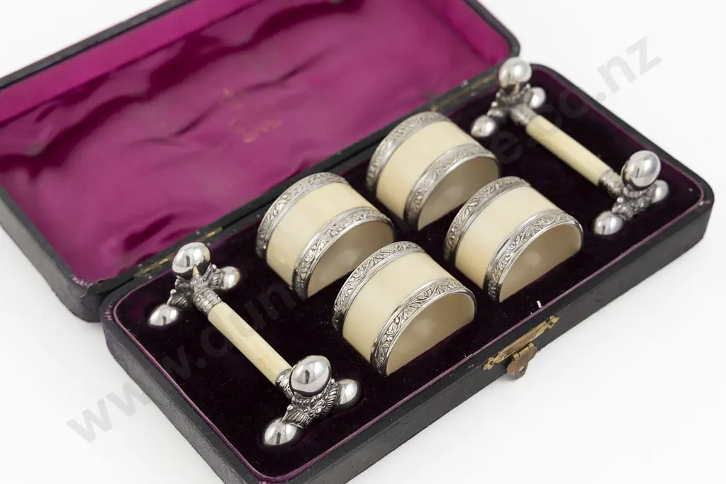 Attractive Cased Set Of Vict S/P & Ivory Napkin Rings & Knife Rests By Elkington & Co Image 1++