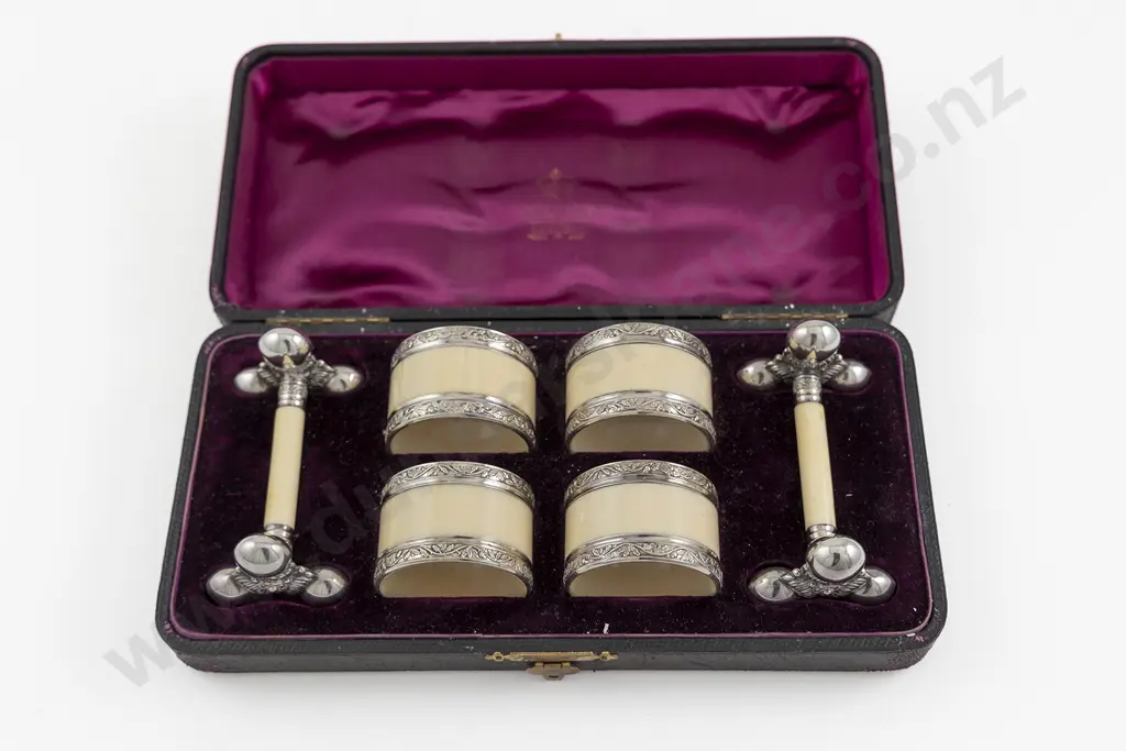 Attractive Cased Set Of Vict S/P & Ivory Napkin Rings & Knife Rests By Elkington & Co Image 1++