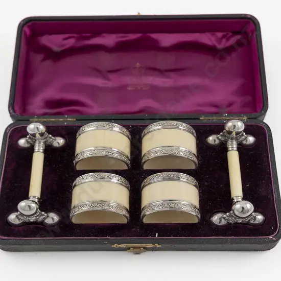 Attractive Cased Set Of Vict S/P & Ivory Napkin Rings & Knife Rests By Elkington & Co