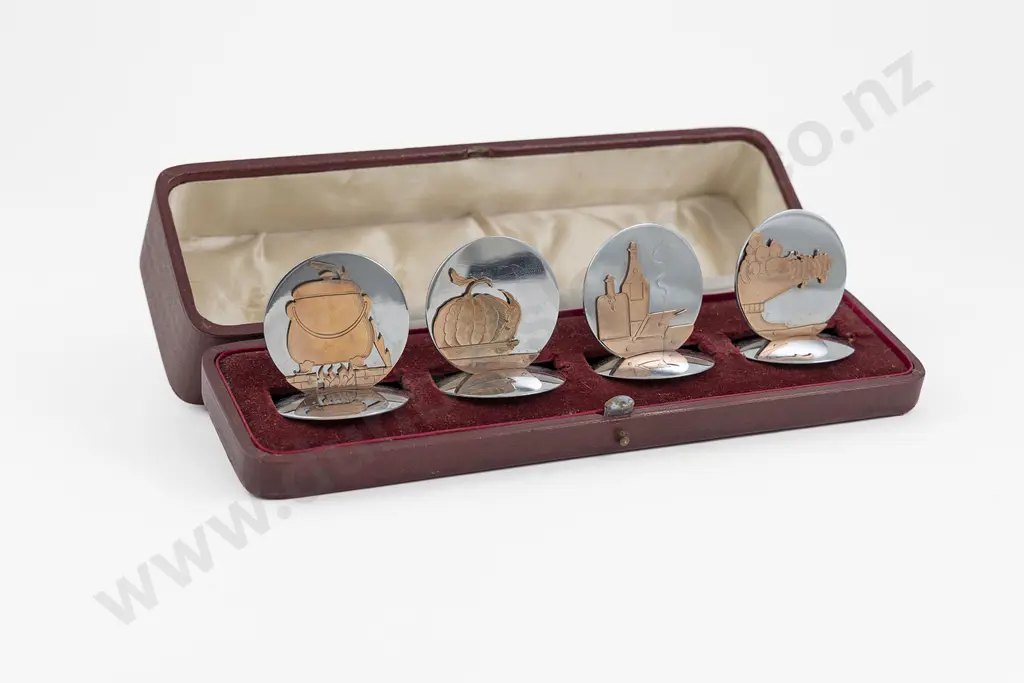 Cased Set Of 4 Chrome & Copper Novelty Menu Holders By Harrods Image 1++