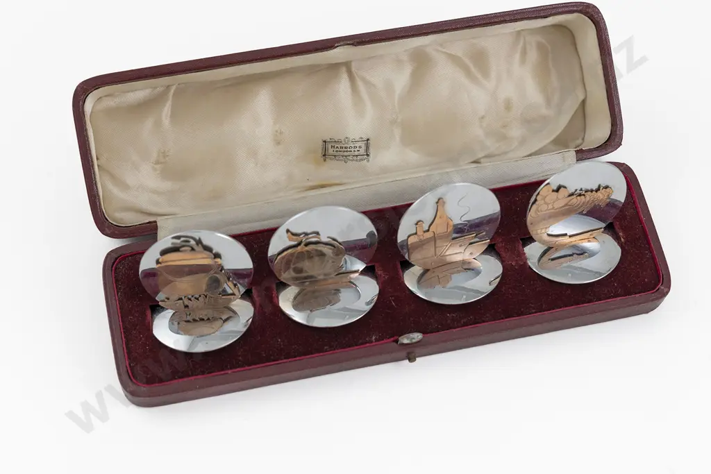 Cased Set Of 4 Chrome & Copper Novelty Menu Holders By Harrods Image 1++