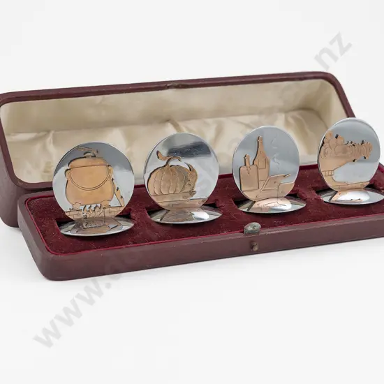 Cased Set Of 4 Chrome & Copper Novelty Menu Holders By Harrods