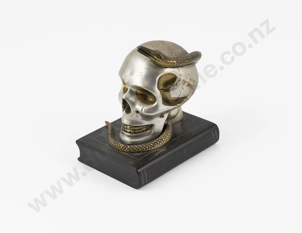 Memento Mori Silvered Bronze Skull & Serpent Desk Ornament Image 1++